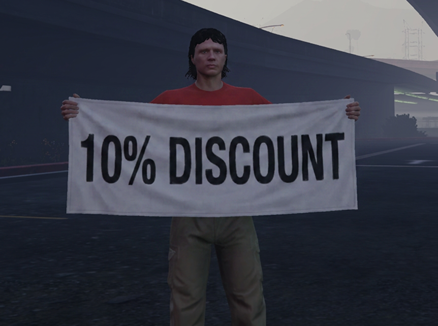 Character holding a 10% discount banner