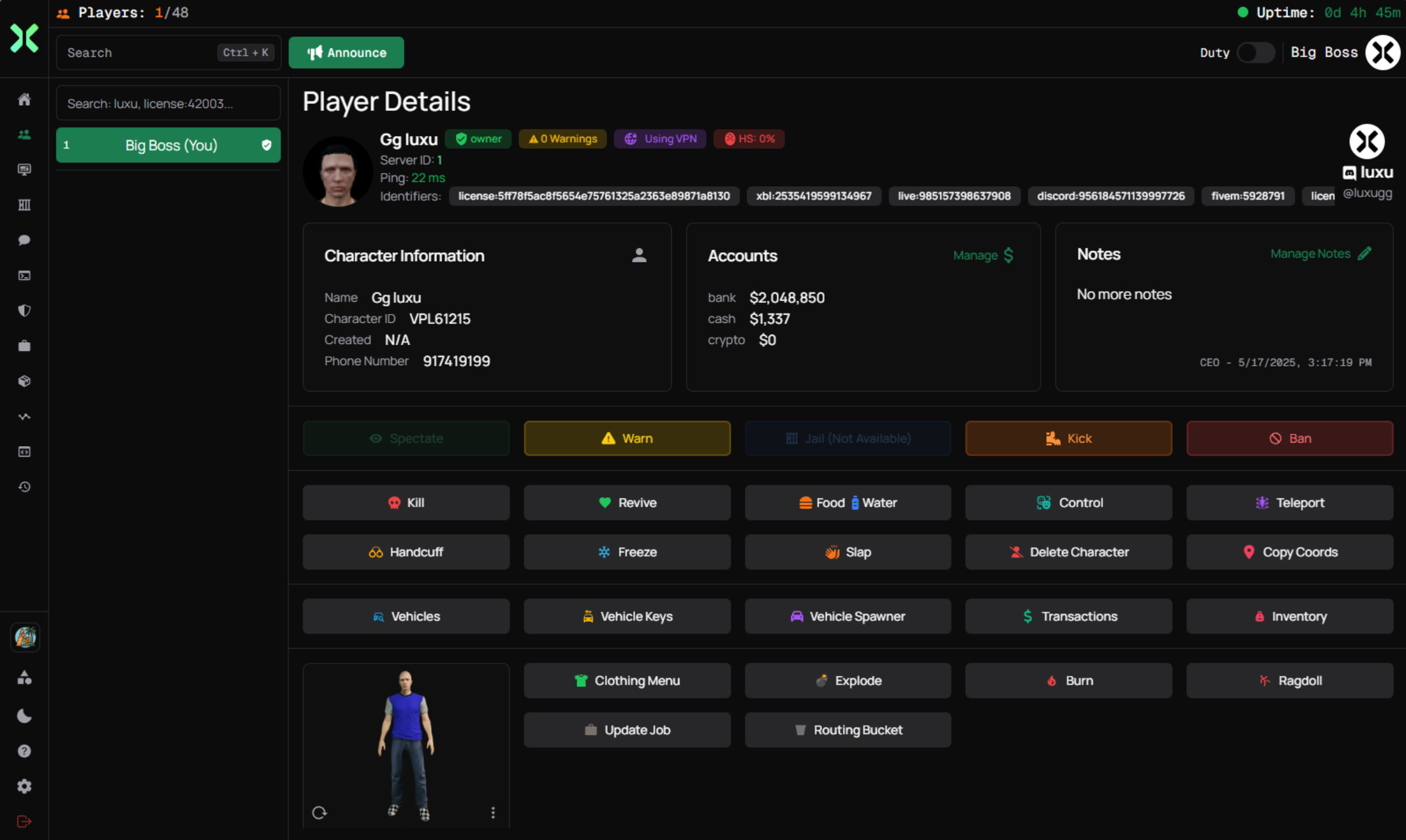 Luxu Admin v2 interface showing player management, ban system, and teleport tools for FiveM servers