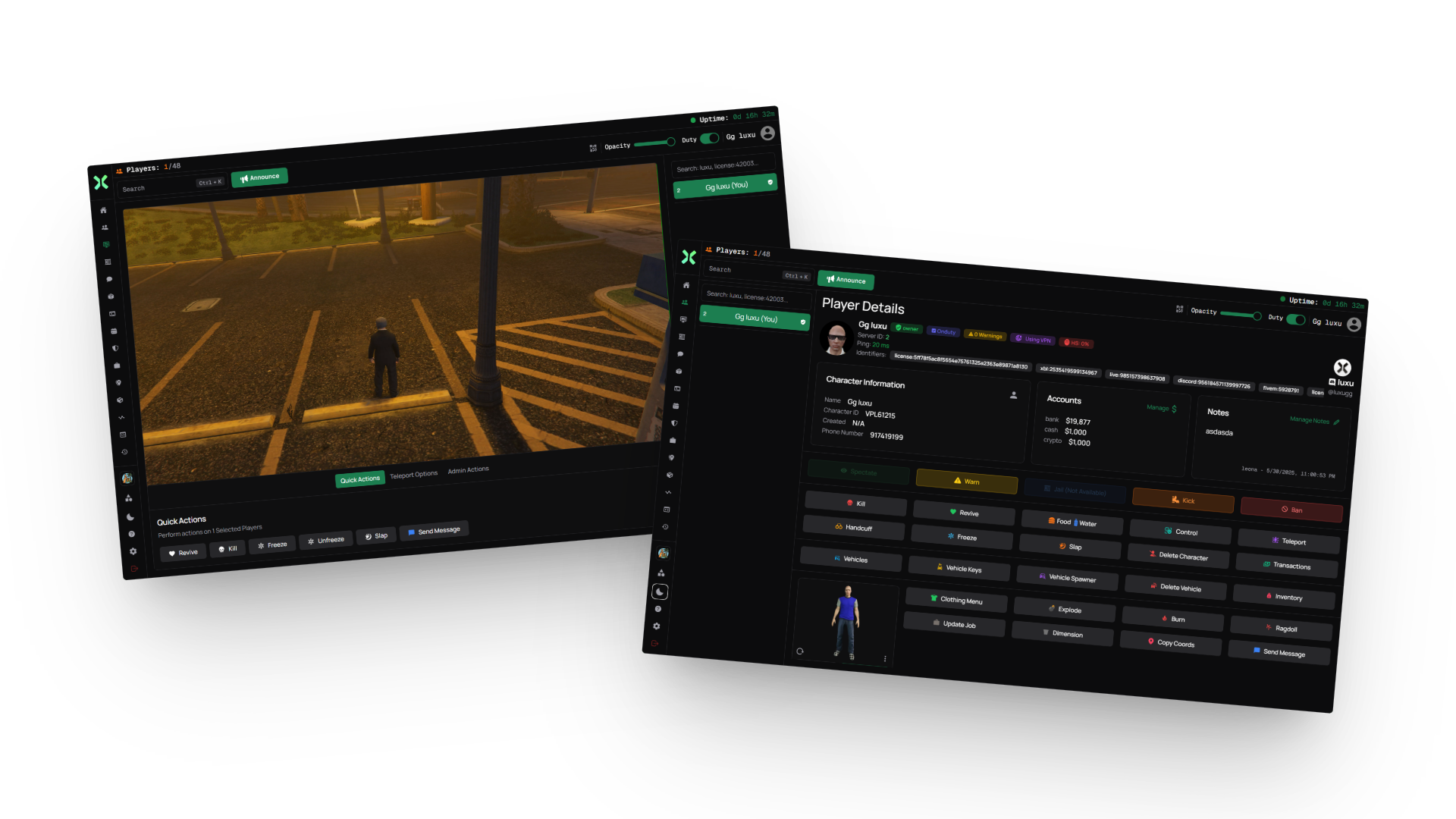 Luxu Admin v2 interface showing player management, ban system, and teleport tools for FiveM servers